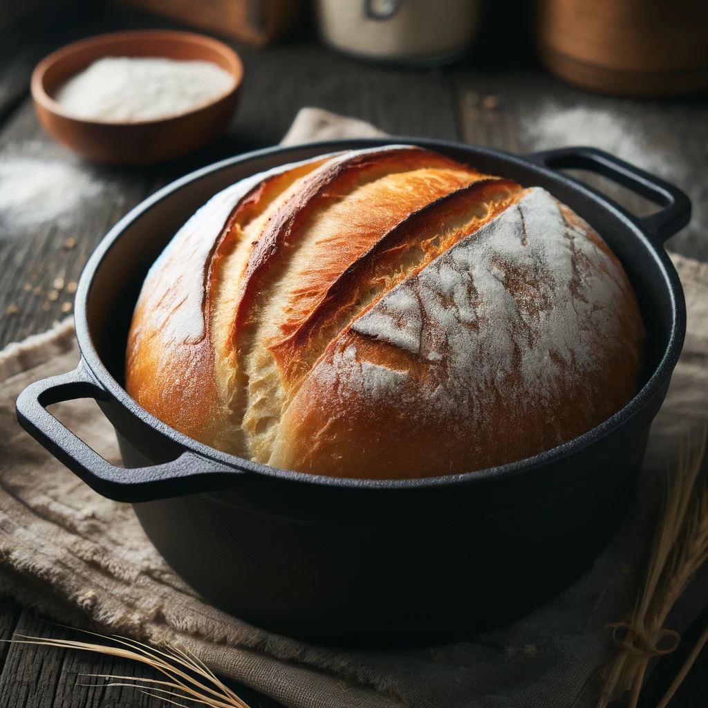 Ein frisch gebackener Brotlaib in einem gusseisernen Topf